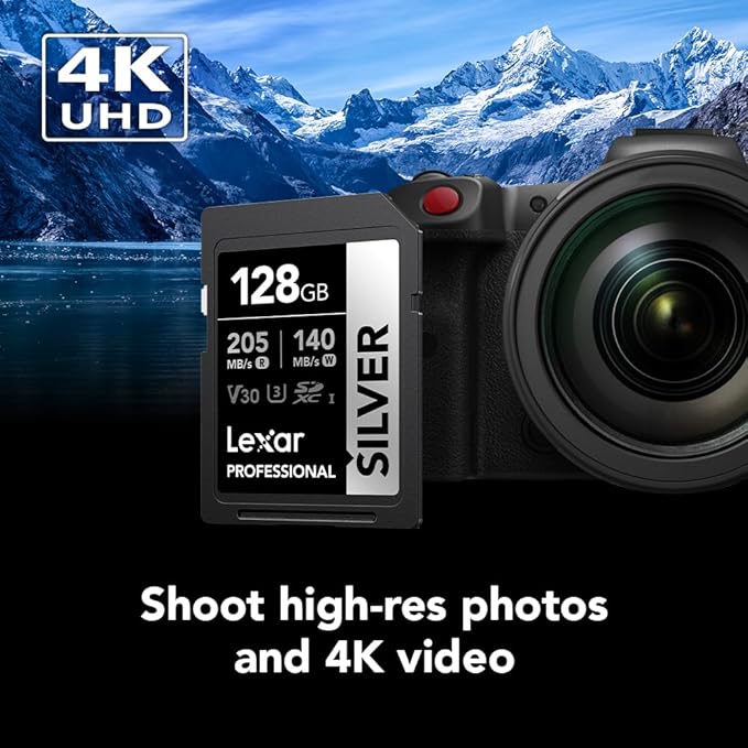 Lexar 128GB Professional Silver SD Card, UHS-I, C10, U3, V30, 4K, Up to 225/160 MB/s SDXC Memory Card, for Professional Photographer, Videographer, Enthusiast (LSDSILV128G-BNNNU)