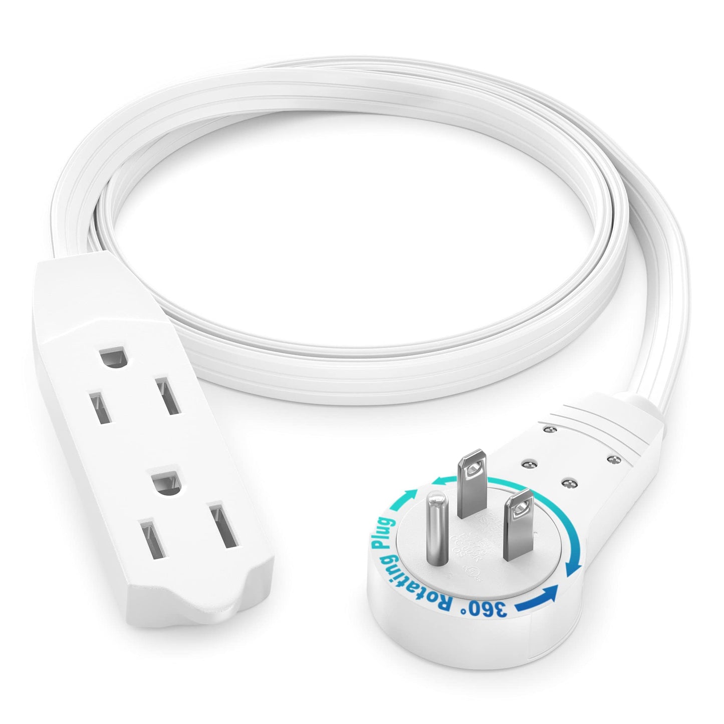Maximm Cable 2 Ft 360° Rotating Flat Plug Extension Cord, 16/3 AWG Multi 3 Outlet 3-Prong Grounded Wire- White - UL Certified