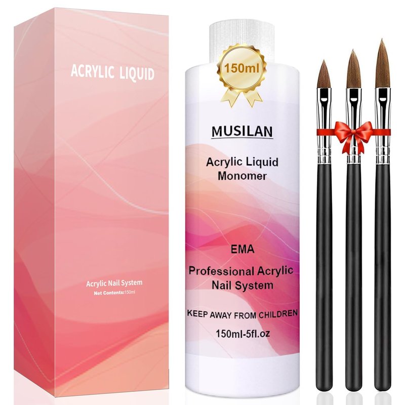 MUSILAN Monomer Acrylic Nail Liquid 150ML - Acrylic Liquid Monomer for Acrylic Powder Acrylic Nail Monomer with 3PCS Acrylic Brushes Size（8/10/14）For Acrylic Nails Extension Non-Yellowing