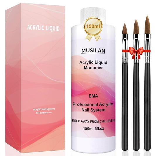 MUSILAN Monomer Acrylic Nail Liquid 150ML - Acrylic Liquid Monomer for Acrylic Powder Acrylic Nail Monomer with 3PCS Acrylic Brushes Size（8/10/14）For Acrylic Nails Extension Non-Yellowing
