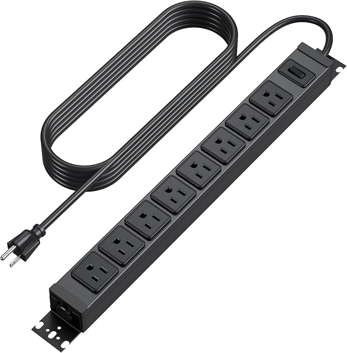 HHSOET Metal 360° Rotating Mountable Power Strip, 8 Outlet Surge Protector Power Strip, Heavy Duty Wall Mount Surge Protector with Switch,1200J,15A 125V 1875W, 10ft Power Cord.(Black)