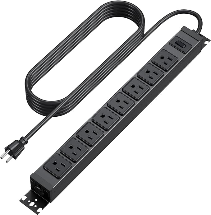 HHSOET Metal 360° Rotating Mountable Power Strip, 8 Outlet Surge Protector Power Strip, Heavy Duty Wall Mount Surge Protector with Switch,1200J,15A 125V 1875W, 6ft Power Cord.(Black)