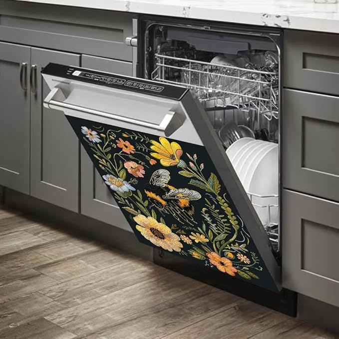 Flower and Bee Painting Dishwasher Magnet Cover Sticker,Refrigerator Magnet Cover Decal Fridge Magnetic Stickers Home Kitchen Decor,23W x 17H inchs