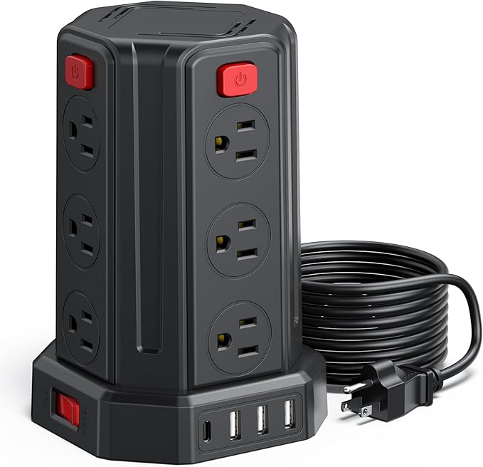 Power Strip Surge Protector, 10 Ft Extension Cord with 12 AC Multiple Outlets 4 USB (1 USB C), SMALLRT Power Tower Desktop Charging Station