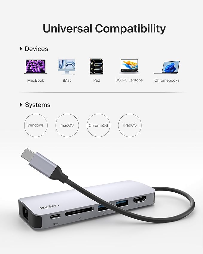 Belkin USB-C Hub - 6-in-1 Multi-Port Adapter Dock with 4K HDMI, USB-C 100W PD Pass-Through Charging, 2x USB-A Ports, Gigabit Ethernet Ports and SD Slot for Neo MacBook, Pro, Air, iPad, Pro, XPS & More