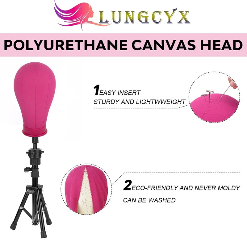 LUNGCYX 23Inch Wig Stand Tripod,Canvas Wig Head Stand Mannequin Head Foldable Wig Stand Set for Making Display with Table Clamp,Wig Cap & T Pins