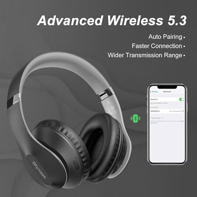 Glynzak Wireless Bluetooth Headphones Over Ear 65H Playtime HiFi Stereo Headset with Microphone and 6EQ Modes Foldable Bluetooth V6.0 Headphones for Travel Smartphone Computer Laptop