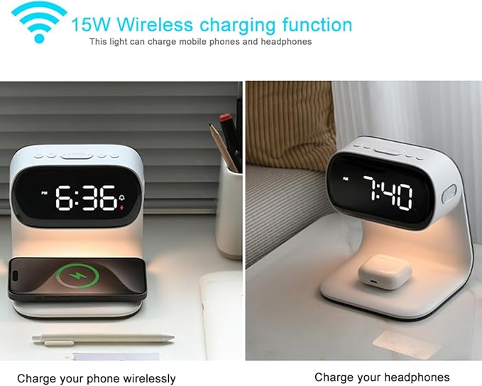 YIDPU Digital Alarm Clock with Wireless Fast Charging Station 15W Touch Smart Lamp for Bedside,3 Colors Nightlight Adjustment Night Lamp for Living Room,Bedside,Heavy Sleepers (White+No Adapter)