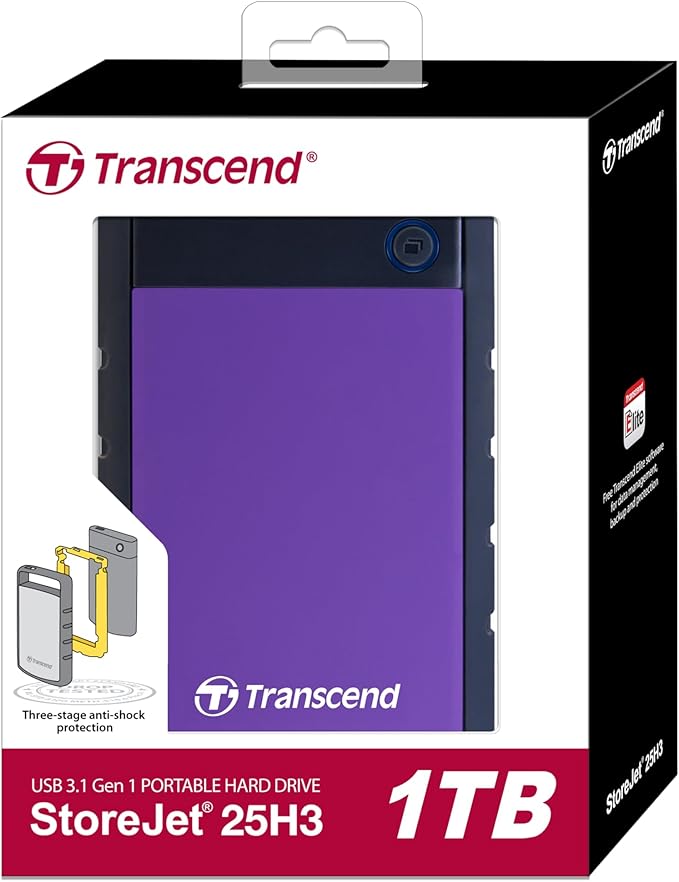 Transcend StoreJet 1TB External Hard Drive, for PS4/PC/Mac/Desktop/Laptop/Xbox, USB3.1(5Gbps)Type-A Portable HDD, One Touch Auto-Backup/Shock Resistant/Three-stage shock protection system(TS1TSJ25H3P)