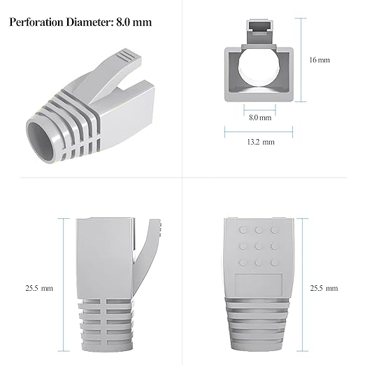 JODROAD 50-Pack RJ45 Boot Cover, Cat6A Cat7 Ethernet Network Cable Strain Relief Boot for 6.5-8.0mm Ethernet Cable (Hole Diameter: 8.0mm, Grey)