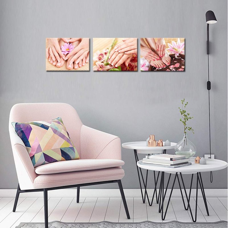 iKNOW FOTO Canvas Set of 3 Wall Art Manicure Painting Hands Foot Bath Massage Spa Still Life with Flowers Pictures Nails Beauty Salon Posters Printed Giclee Print Gallery Wrap for Walls