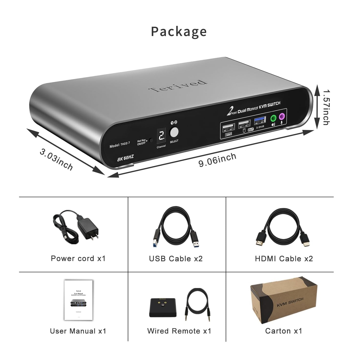 Terived 2 Computers 2 HDMI Monitor Automatic KVM Switch 8K@60Hz, Hotkey Switching, EDID, Support 5.1/7.1 Audio and Microphone, Aluminum Shell with Digital Display, USB 3.0 Hub, HDR10 with Cables