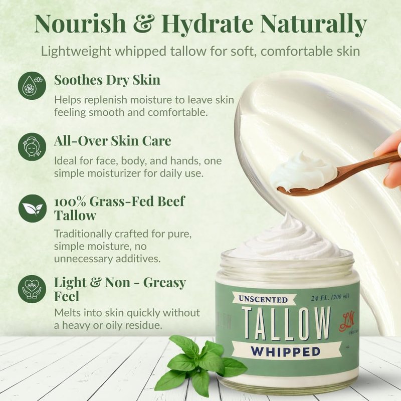 Whipped Tallow Face Cream | All-Natural Body Moisturizer for Dry Skin - 24oz, Unscented, USA Made
