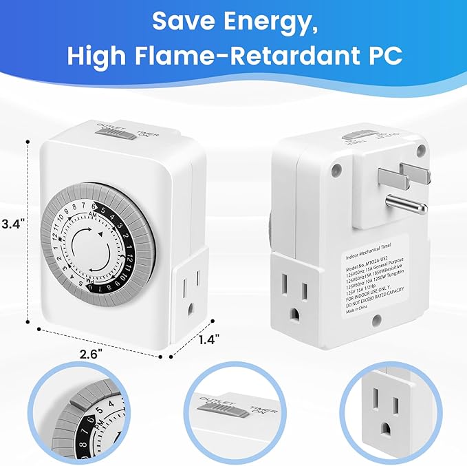 AaiVrylliz Outlet Timer,Timers for Electrical Outlets Indoor with 3-Prong Dual Outlet,24-Hour 30 Minute Daily On/Off Cycle, Plug-in Mechanical Timers for Christmas Lights, Lamps, Grow Light (2-Pack)