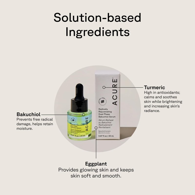 Acure Radically Rejuvenating Dual Phase Bakuchiol Serum - Bakuchiol Oil Serum for Face, Anti Aging Retinol Alternative for Wrinkles & Fine Lines, Cold Pressed Botanical Oils, Vegan - 0.67 fl oz