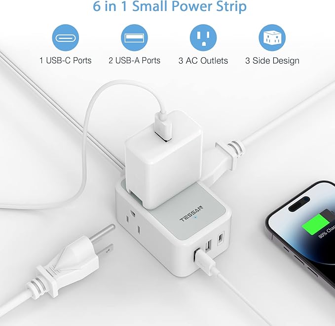 TESSAN Small Flat Plug Power Strip, Ultra Thin Extension Cord 5 ft, 3 AC Outlets with 3 USB Ports (1 USB C), Multiple Wall Outlet Extender for Cruise Travel Office School Dorm Room Essentials