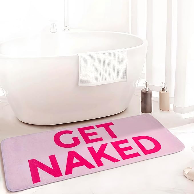 Pink Get Naked Memory Foam Runner Rug 17x47 Inch, Funny Bathroom Rugs, Cute Dorm, Apartment Decor, Soft Non Slip Absorbent Mats for Shower, Vanity
