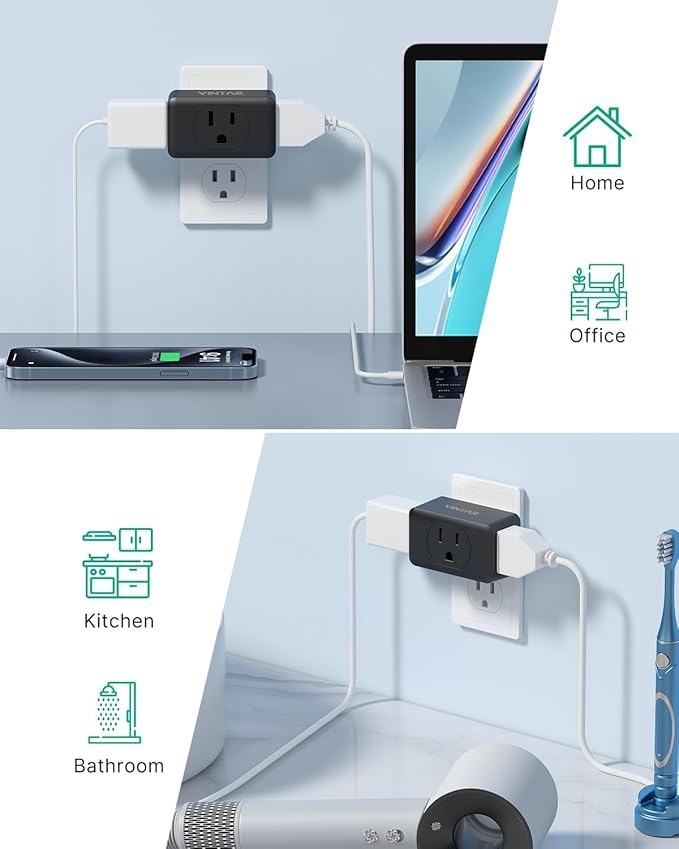 Multi Plug Wall Outlet Extender 3 Pack, VINTAR Electrical Multiple Outlet Splitter, 3 Way Plug Adapter, Small Wall Expander for Home Office Dorm Cruise Ship Travel Essentials