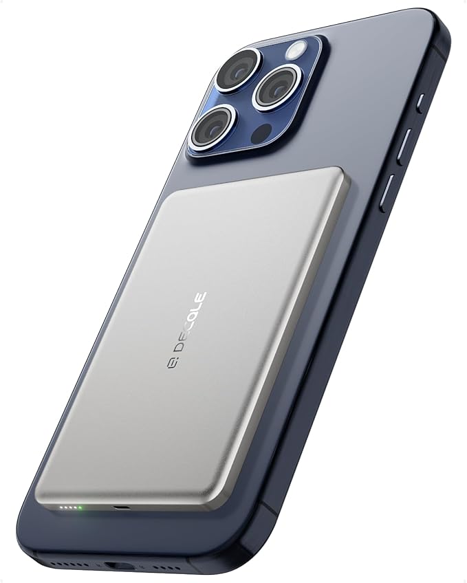 decqle “Air” Power Bank for MagSafe 5000mAh, Ultra Slim Magnetic Wireless Portable Battery Charger Case with USB-C Cable, Compatible with iPhone 17/16/15/14/13/12 Series Only (Sliver) USA1