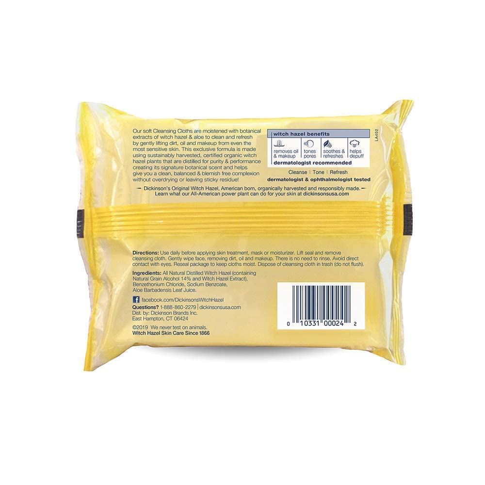 Dickinson's Original Witch Hazel Refreshingly Clean Cleansing Cloths with Aloe, 4 Pack, 25 Cloths per Pack