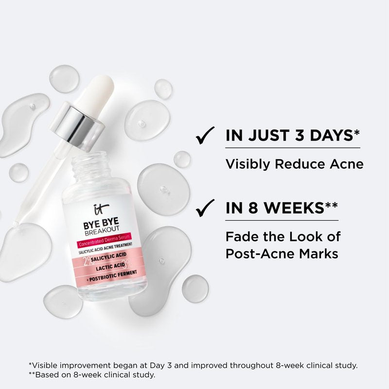 IT Cosmetics Bye Bye Breakout Acne Treatment Face Serum -With 2% Salicylic Acid & 3% Lactic Acid - Helps Reduce Pimples in 3 Days & Fades Look of Post-Acne Marks in 8 Weeks - 1 Fl. Oz