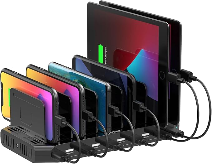 【10PCS】 Unitek Multi Charging Station, 10-Port USB Charger for Multiple Device with SmartIC Tech and Adjustable Dividers, Organizer Stand Compatible with iPad, Tablet, Kindle, iPhone - 10PCS, Black