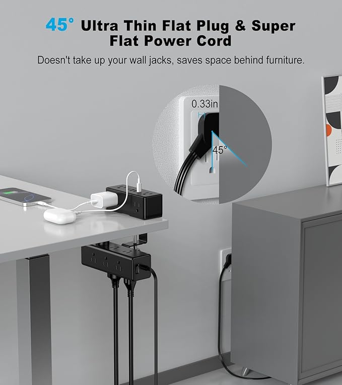 Dual Layer Desk Clamp Power Strip, Desktop Edge Mount Surge Protector with 15 AC Outlets & 4 USB Ports(20W USB-C), Ultra Thin Flat Plug & 10FT Power Cord for Office Home(ETL Listed)