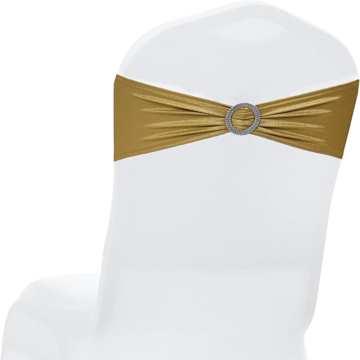 MDS Spandex Foil Chair Sashes - Universal Elastic Stretch Bands with Buckle for Weddings | Metallic Gold, Pack of 50
