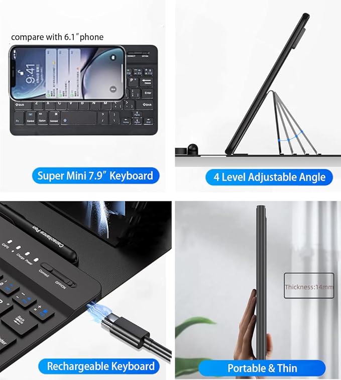 voppton for Samsung Galaxy Z Fold 7 6 5 Keyboard and Mouse, Portable Mini 7.9 inch Bluetooth Keyboard with Leather Stand Case and Pen, 4 in 1 Travel Set for Z Trifold Fold7 Accessories,Black