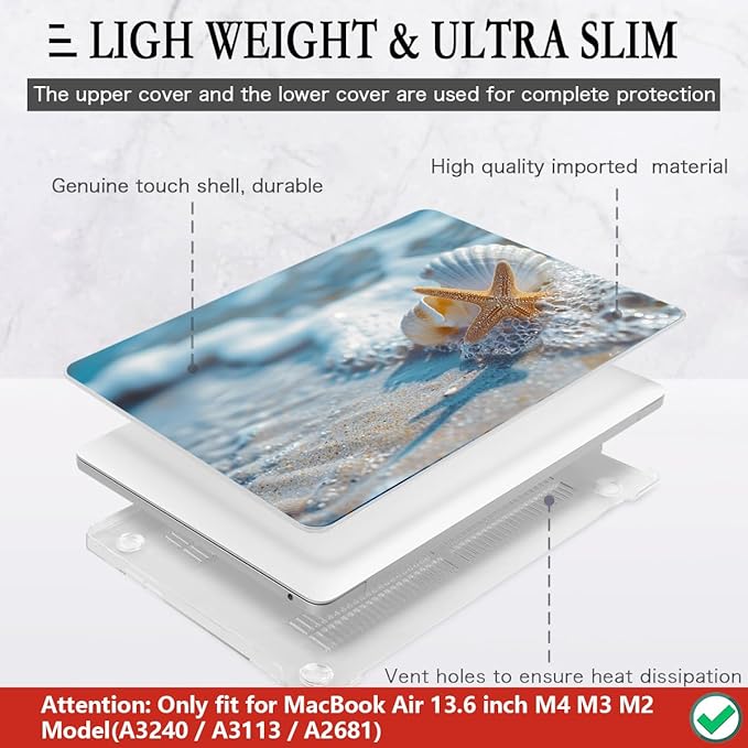 CISSOOK Compatible with MacBook Air 13.6 inch Case 2026 2025 2024 2022 Release M5 A3449 M4 A3240 M3 A3113 M2 A2681, Plastic Hard Shell Protective Case with Keyboard Cover Screen Protector, Beach&Shell