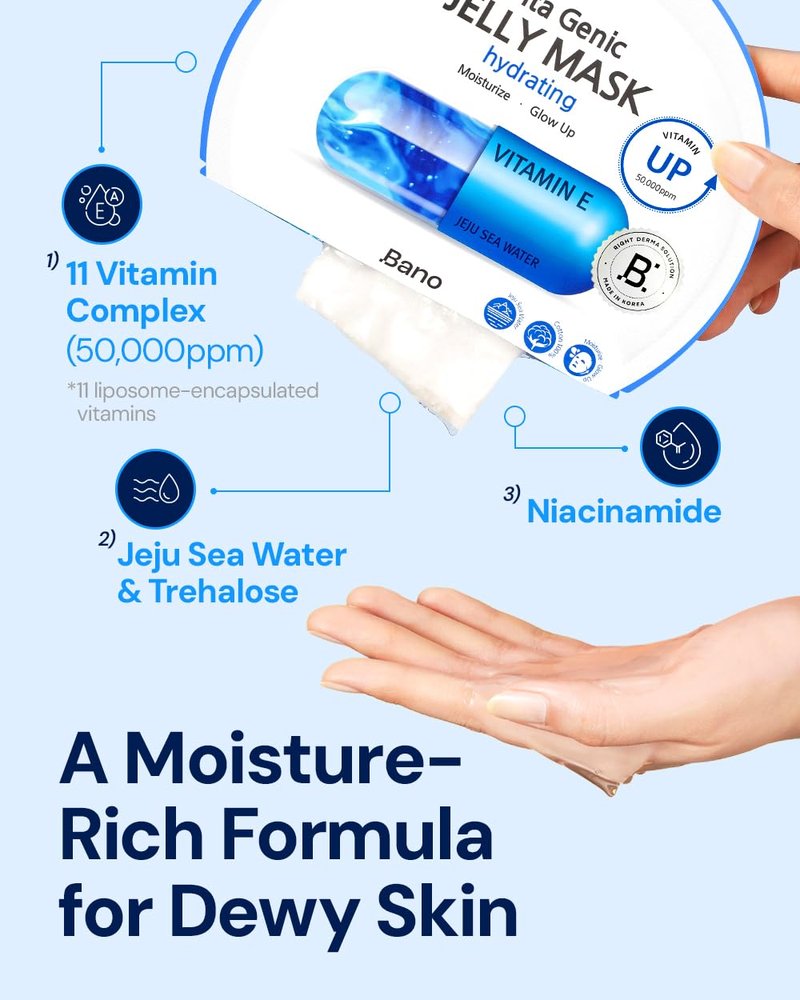 Bano Vita Genic Jelly Face Hydrating Mask 10EA – Firming Sheet Mask for Sensitive Skin, Korean Glass Skin Care with Mineral Water, Vitamin C & Niacinamide, Fragrance-Free