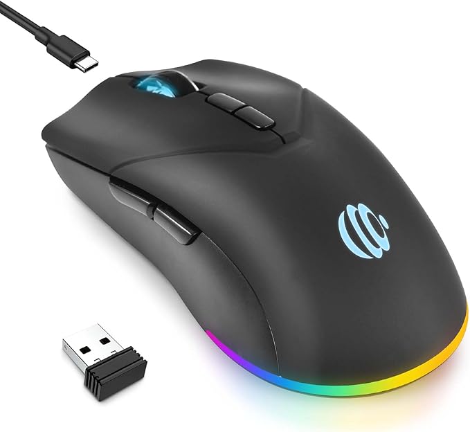 Mouse Wireless, Bluetooth Rechargeable Mouse, Dual Mode BT 5.2 + 2.4G USB Silent Wireless Bluetooth Mouse, RGB Ergonomic Portable 3-Level 1600 DPI Mouse for Laptop, iPad, MacBook Air Pro, PC, Black