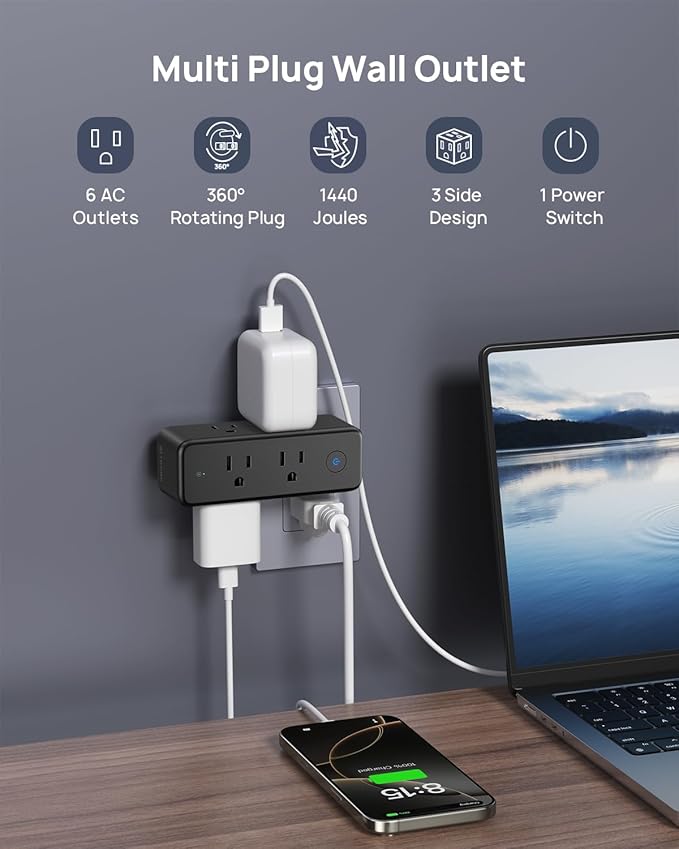 TROND Outlet Extender Surge Protector - 6 AC Outlet Splitter with 360° Rotating Plug, 1440J Multi Plug Expander, 3 Way Charging Station, Wall Adapter for Bathroom Kitchen Travel, Black