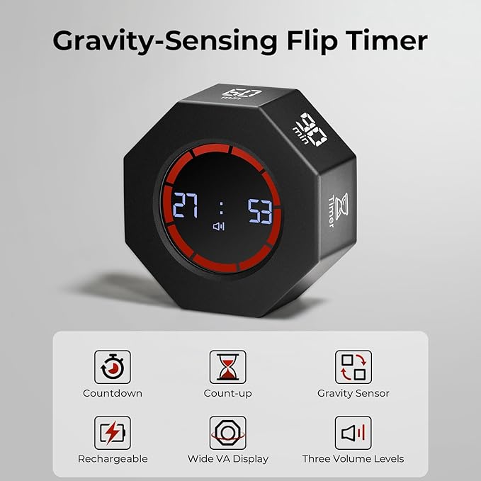 Kaflin Small Rechargeable Pomodoro Timer, Gravity Sensor Auto-Rotating 7 Preset Times (1/3/5/15/30/60/90 min) & Count Up Mode, Digital Kitchen Timers for Cooking, Work and Study (Space Gray)