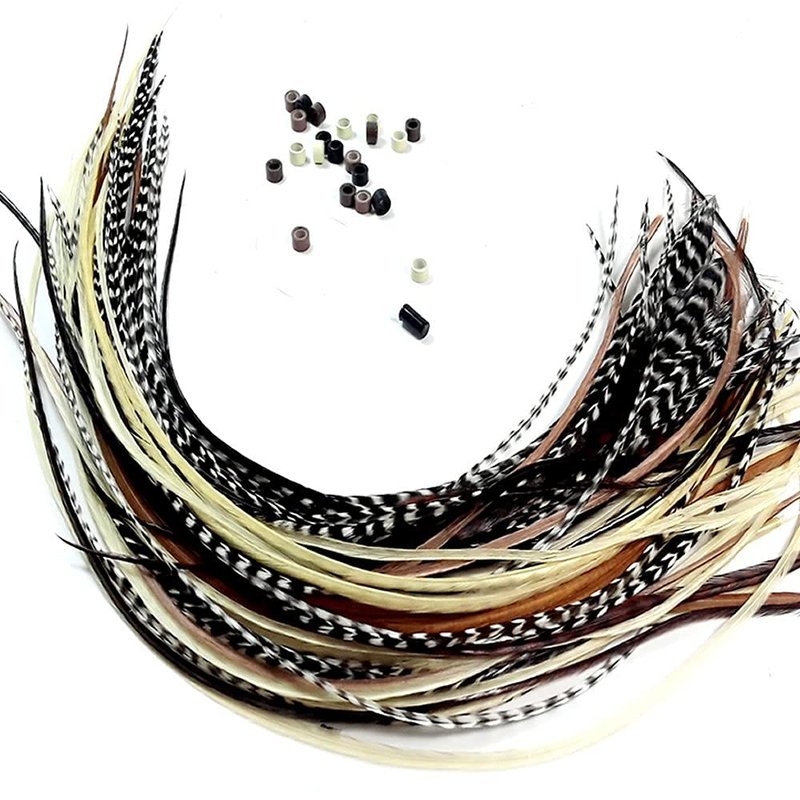 Feather Hair Extensions – 100% Real Rooster Feathers, 20 Natural Color Feathers, Ranging from 8 to 11 Inches, Includes 20 Micro Beads and Loop Tool Kit