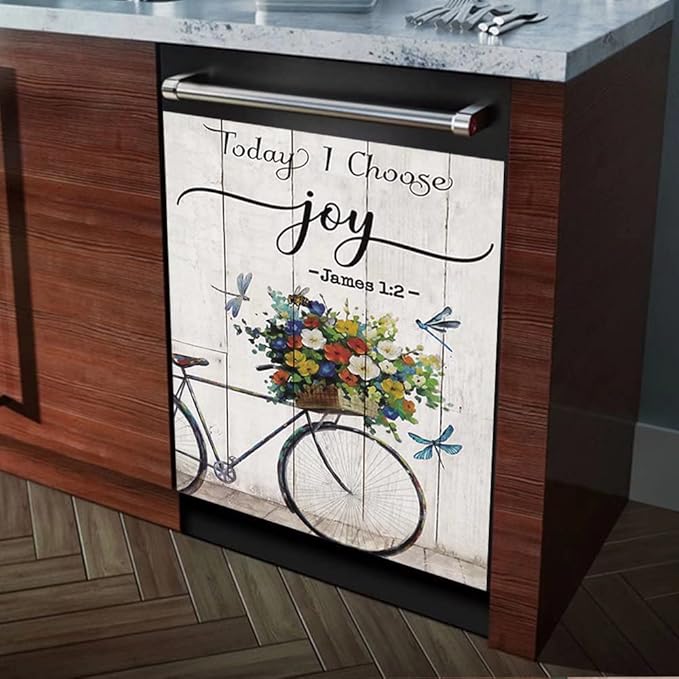 Today I Choose Joy Dishwasher Magnet Decal,Butterfly Flower Dishwasher Front Door Cover Kitchen Decor,Bike Floral Fridge Magnet Sticker,Inspring Quote Home Appliance Panel Decal 23"x26"