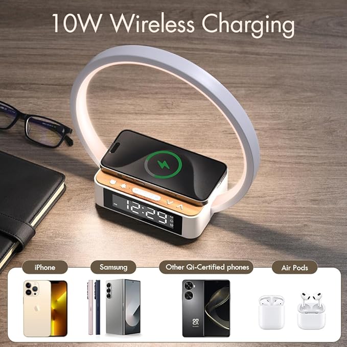 SMARTERIOR Wireless Charging Station with Alarm Clock,Bedside Lamp with Sunrise Wake-Up Light,Wireless Phone Charger,Touch Table Lamp with 3 Brightness Levels,Idea Gifts for Women,Men,Teens,Adults
