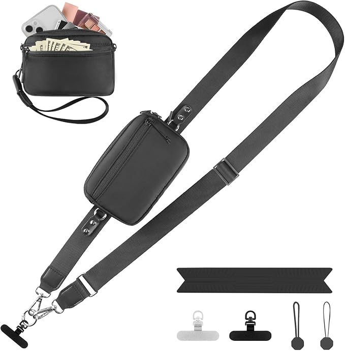YFWE Clip and Go Strap for Phone with Wallet Crossbody, Adjustable Phone Lanyard with Detachable RFID Wristlet Wallet, Universal Phone Strap with 360° Rotatable Phone Tabs for All Phones (Black)