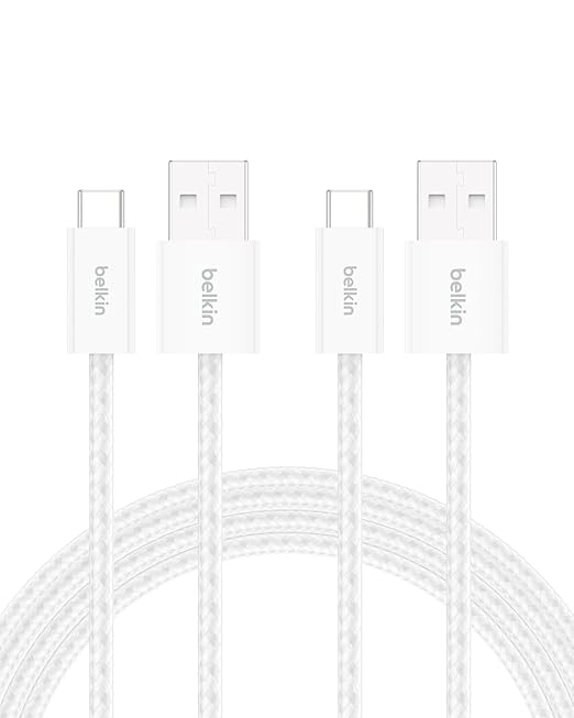 Belkin USB A to USB C Cable 2-Pack, 6.6ft, 15W, iPhone Charger Cord, Soft, Braided, Flexible for iPhone 17 & 16, Galaxy S26, Pixel 10, iPad Pro, Airpods Pro, Switch & More - White