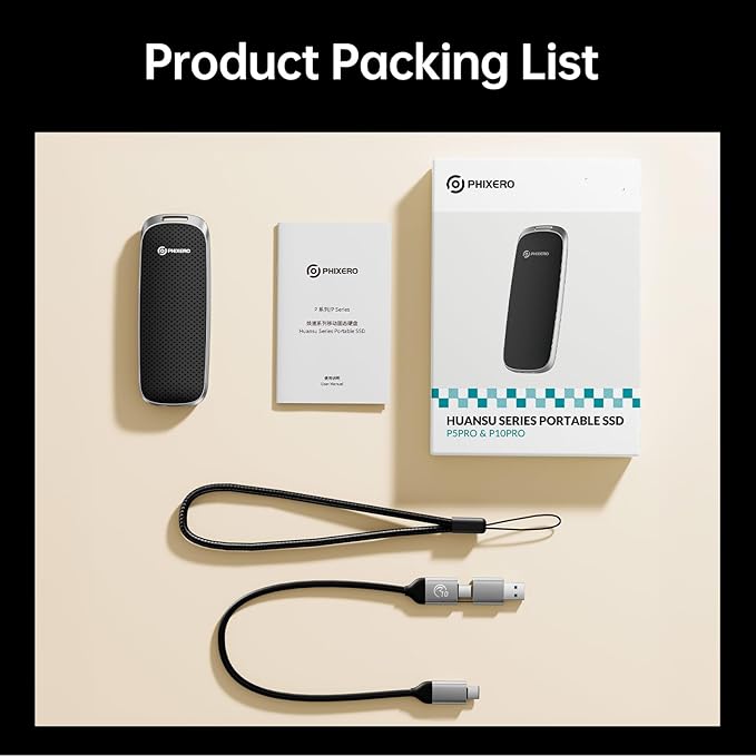 PHIXERO P10PRO External NVMe SSD 1TB, Up to 1050MB/s, USB 3.2 Gen2, Includes 2-in-1 USB C Cable, Portable Hard Drive for iPhone 15/16 PRO/Android/Mac, Black
