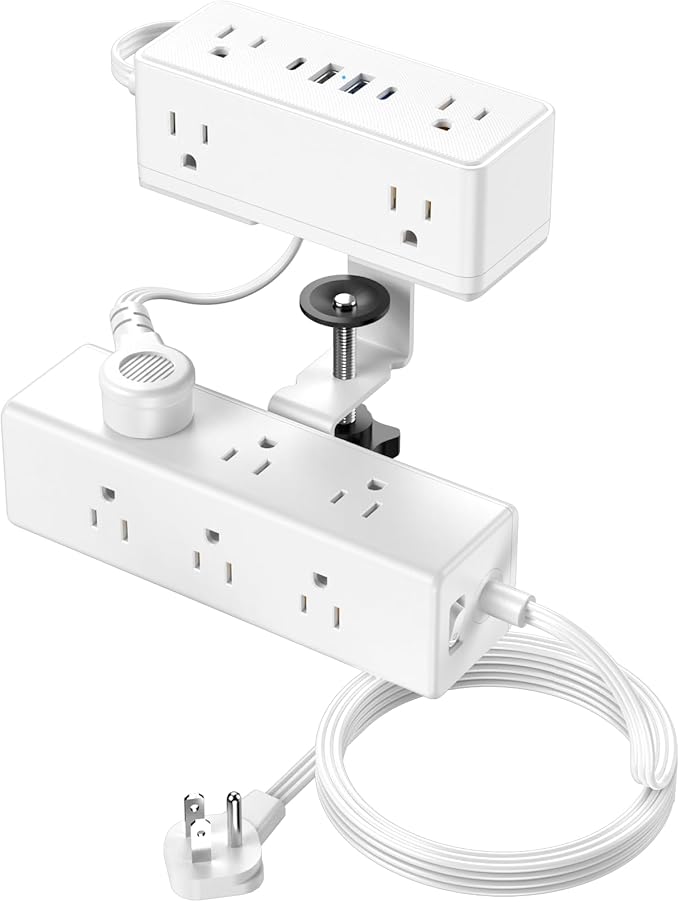 Dual Layer Desk Clamp Power Strip, Desktop Edge Mount Surge Protector with 15 AC Outlets & 4 USB Ports(20W USB-C), Ultra Thin Flat Plug & 15FT Power Cord for Office Home(ETL Listed)