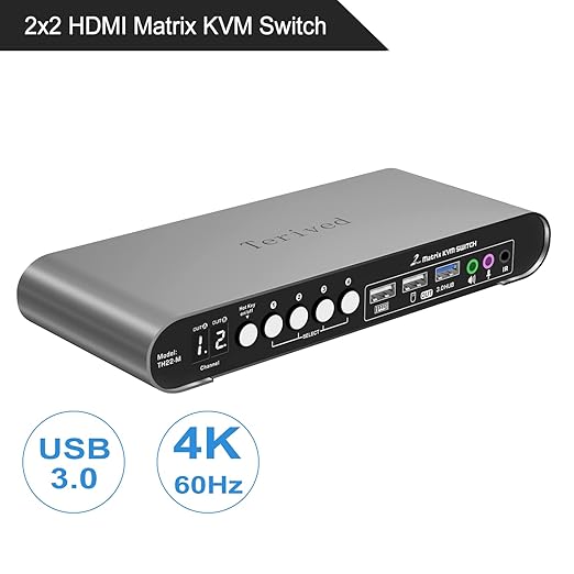 Terived 2 Computers 2 HDMI Monitors Matrix Automatic KVM Switch 4K@60Hz, Hotkey Switching, EDID, Digital Display and Aluminum Shell, USB 3.0 Hub Audio Microphone with Cables
