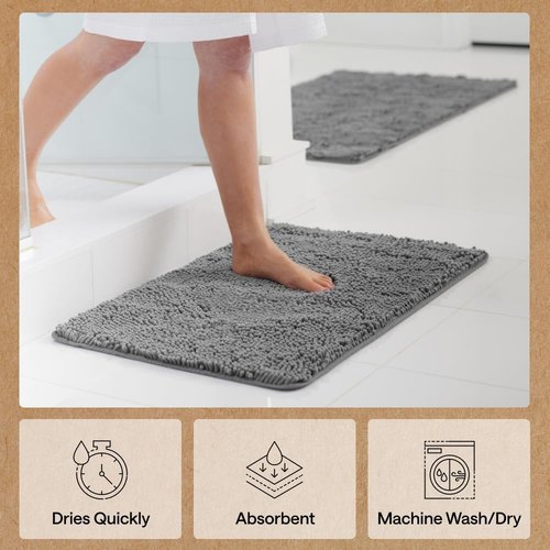 GORILLA GRIP Bath Rug Mat - Thick Soft Absorbent Chenille | Quick Dry Microfiber, 60x24, Grey