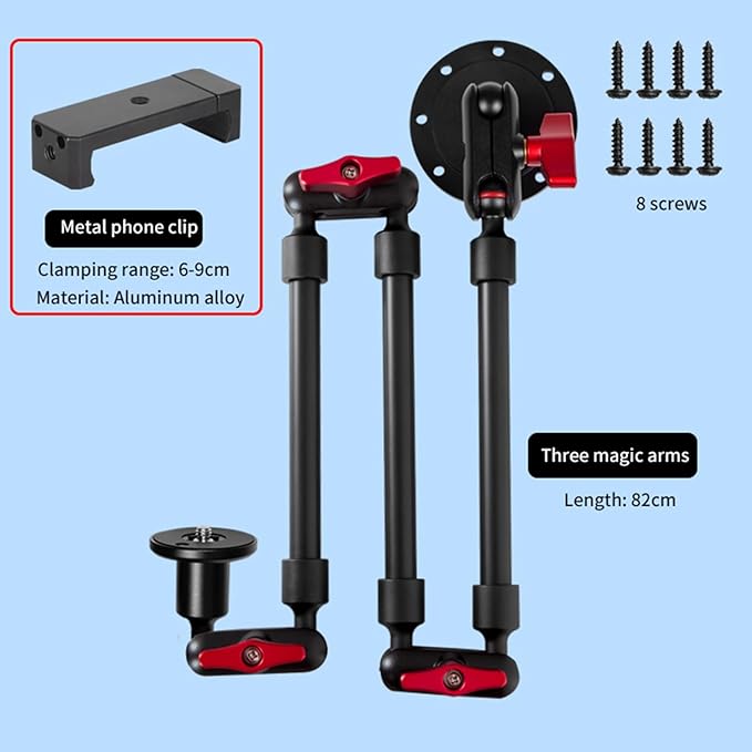 Wall Mounted Phone Holder Magic Arm 360° Rotation Adjustable Metal Base Screw in Wall Sturdy for Kitchen Bedroom Home 32 Inch Metal Phone Clip