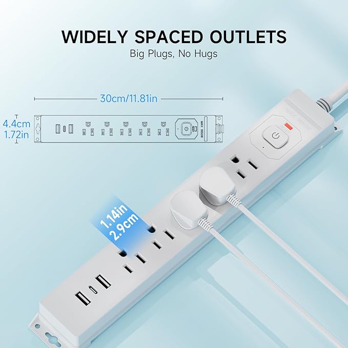 [2-Pack] 10 Ft Power Strip Surge Protector with USB Ports, Flat Plug Extension Cord, 5 AC Outlets and 3 USB Charging Ports, Wall Mountable – White for Home, Office, Dorm