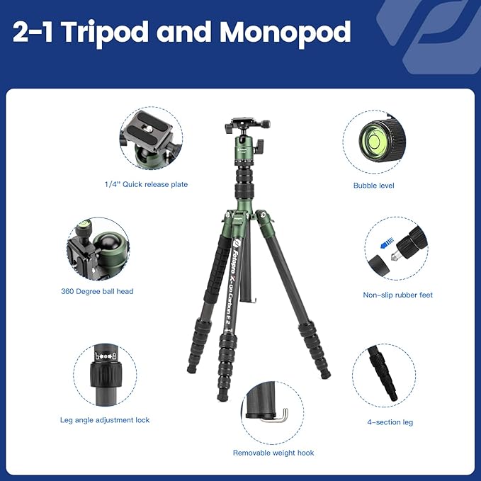 Fotopro 60" Carbon Fiber Camera Travel Tripod, 2lbs Super Lightweight Compact Tripod with 360° Metal Ball Head, Detachable Monopod, with Arca QR Plate & Bag, Load up to 8KG/17.63lbs, for SLR DSLR