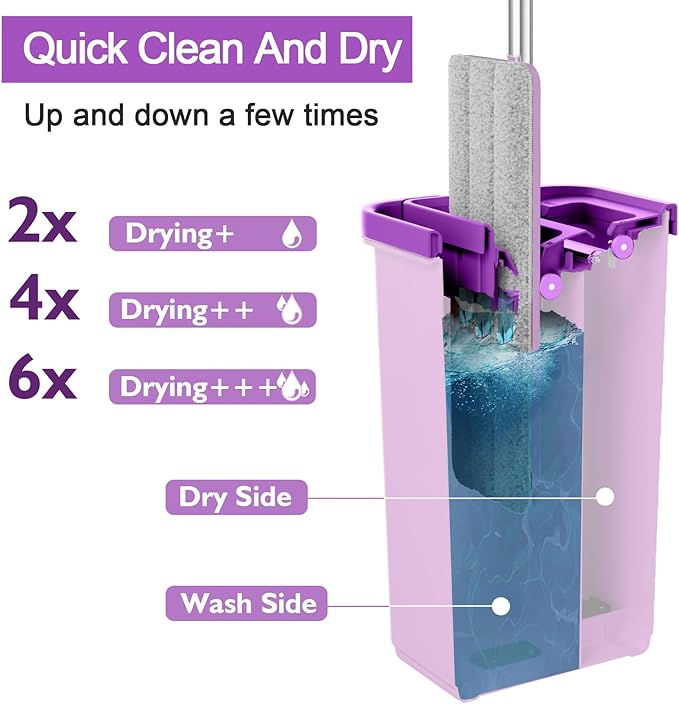 Mop and Bucket with Wringer Set, Hands Free Flat Floor Mop and Bucket, 3 Washable Microfiber Pads Included, Wet and Dry Use, Home Floor Cleaning System for All Floor Types and Windows, Purple