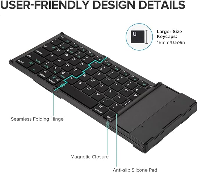 DELUX Full Size Folding Keyboard 78 Keys, Wireless Bluetooth Keyboard with 2-in-1 Touchpad, Portable Travel Multi-Device and Multi-System (KF17)