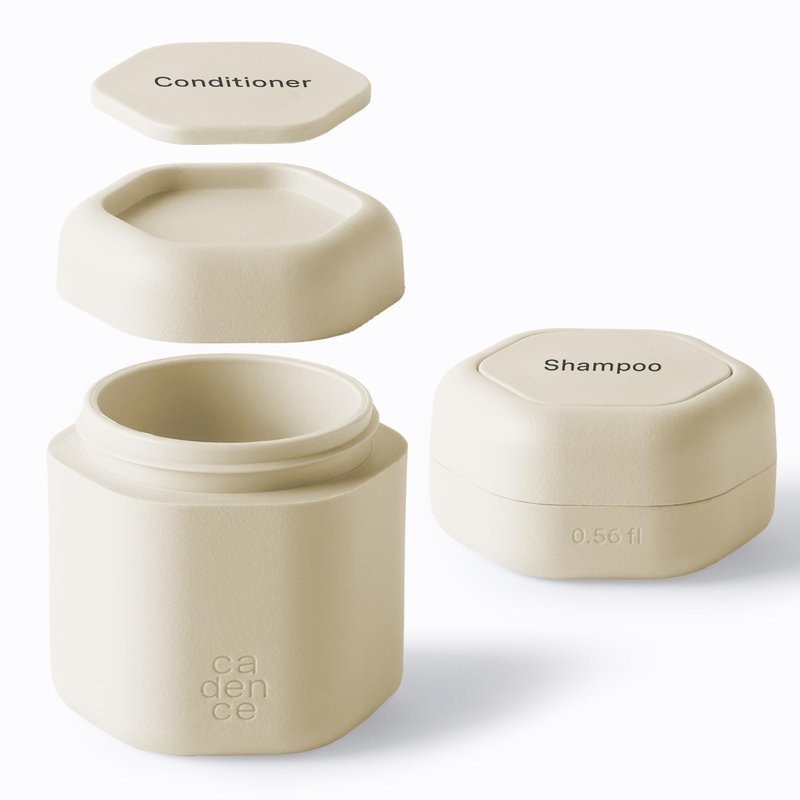 Cadence Travel Containers - 2 Piece Haircare Set - Magnetic Travel Capsules - For Shampoo, Conditioner, Hair Styling Product - 1 Small & 1 Medium Capsule - Shampoo & Conditioner Labels - Sand