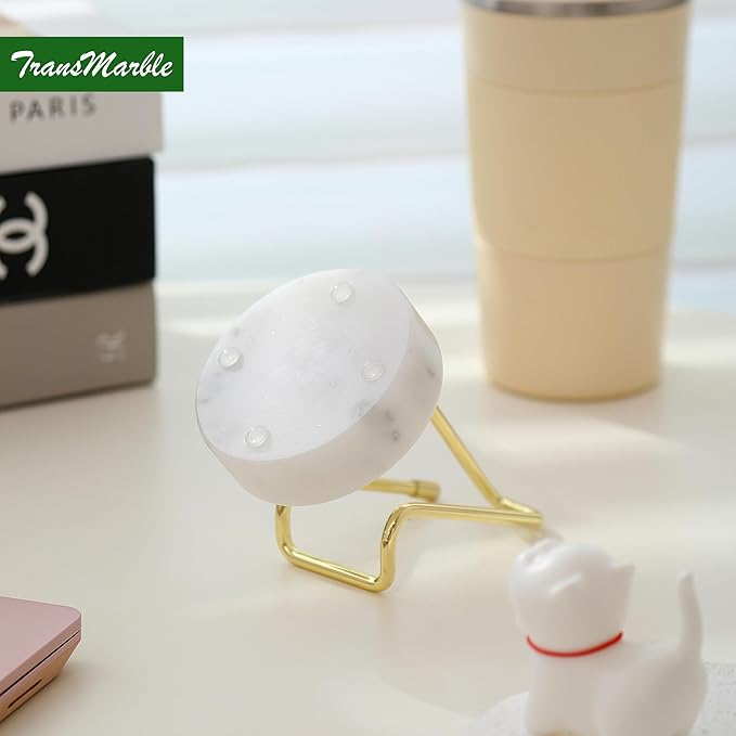 TransMarble Marble Phone Stand with Metal Holder, Charging Available While Using, Swipe Up to Unlock, Made of Natural Marble as Business Card Holder for Office Desk (Starry White + Gold)